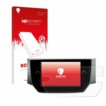 Parte frontal de un envase de producto con el logotipo de la marca upscreen. Al lado se muestra el dispositivo Seat Ibiza Medi