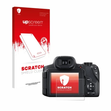Parte frontal de un envase de producto con el logotipo de la marca upscreen. Al lado se muestra el dispositivo Canon PowerShot