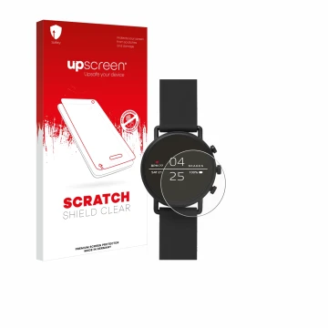 Parte frontal de un envase de producto con el logotipo de la marca upscreen. Al lado se muestra el dispositivo Skagen Smartwat