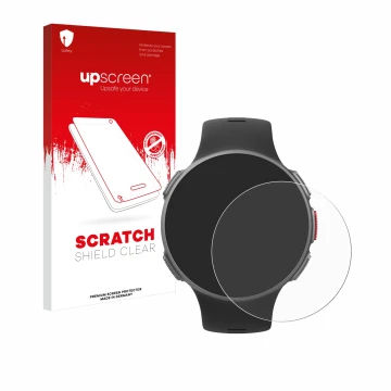 Parte frontal de un envase de producto con el logotipo de la marca upscreen. Al lado se muestra el dispositivo Polar Vantage V