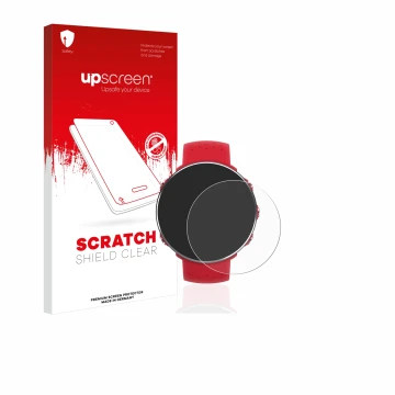 Parte frontal de un envase de producto con el logotipo de la marca upscreen. Al lado se muestra el dispositivo Polar Vantage M