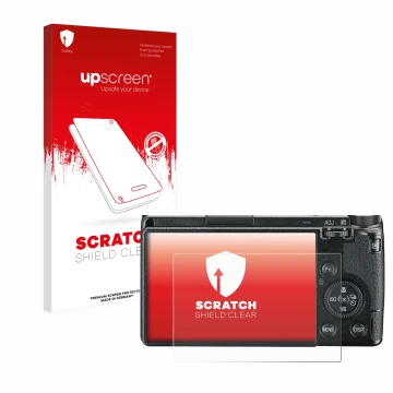 Parte frontal de un envase de producto con el logotipo de la marca upscreen. Al lado se muestra el dispositivo Ricoh GR III 20