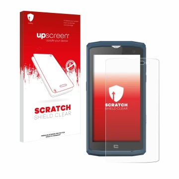 Parte frontal de un envase de producto con el logotipo de la marca upscreen. Al lado se muestra el dispositivo Crosscall Core 