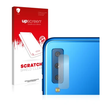 Parte frontal de un envase de producto con el logotipo de la marca upscreen. Al lado se muestra el dispositivo Samsung Galaxy 