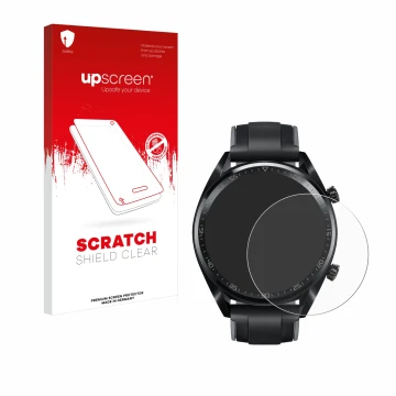 Parte frontal de un envase de producto con el logotipo de la marca upscreen. Al lado se muestra el dispositivo Huawei Watch GT