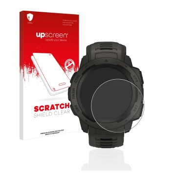 Parte frontal de un envase de producto con el logotipo de la marca upscreen. Al lado se muestra el dispositivo Garmin Instinct