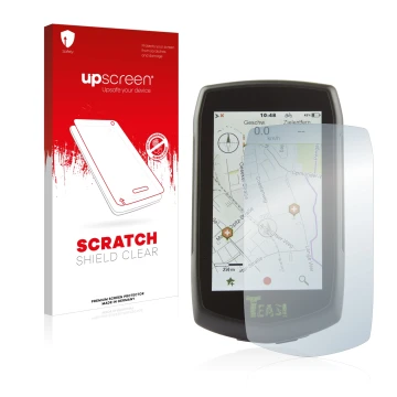 Parte frontal de un envase de producto con el logotipo de la marca upscreen. Al lado se muestra el dispositivo A-Rival Teasi O