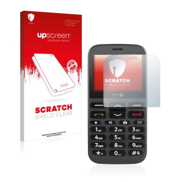 Parte frontal de un envase de producto con el logotipo de la marca upscreen. Al lado se muestra el dispositivo Doro 1370 con s
