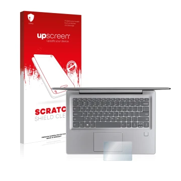 Parte frontal de un envase de producto con el logotipo de la marca upscreen. Al lado se muestra el dispositivo Lenovo IdeaPad 