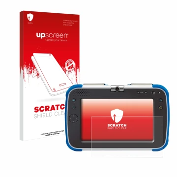 Parte frontal de un envase de producto con el logotipo de la marca upscreen. Al lado se muestra el dispositivo Vtech Storio Ma