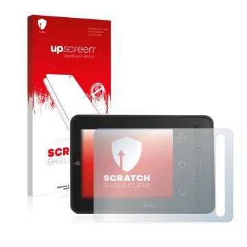 Parte frontal de un envase de producto con el logotipo de la marca upscreen. Al lado se muestra el dispositivo ISDT BG-8S con 