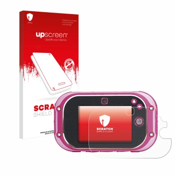 Parte frontal de un envase de producto con el logotipo de la marca upscreen. Al lado se muestra el dispositivo Vtech Kidizoom 