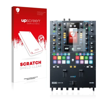 Parte frontal de un envase de producto con el logotipo de la marca upscreen. Al lado se muestra el dispositivo Rane Seventy-Tw