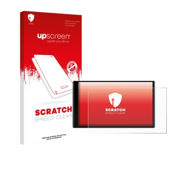 Parte frontal de un envase de producto con el logotipo de la marca upscreen. Al lado se muestra el dispositivo Garmin DriveTra