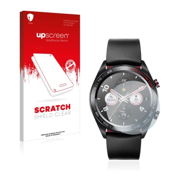 Parte frontal de un envase de producto con el logotipo de la marca upscreen. Al lado se muestra el dispositivo Honor Watch Mag