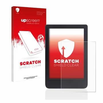 Parte frontal de un envase de producto con el logotipo de la marca upscreen. Al lado se muestra el dispositivo Tolino Shine 3 