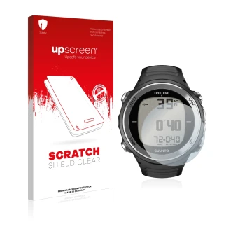 Parte frontal de un envase de producto con el logotipo de la marca upscreen. Al lado se muestra el dispositivo Suunto D4F con 