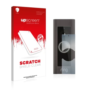 Parte frontal de un envase de producto con el logotipo de la marca upscreen. Al lado se muestra el dispositivo Ring Video Door
