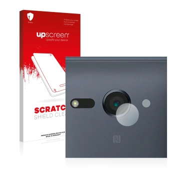 Parte frontal de un envase de producto con el logotipo de la marca upscreen. Al lado se muestra el dispositivo Sony Xperia XZ2