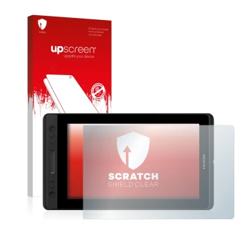 Parte frontal de un envase de producto con el logotipo de la marca upscreen. Al lado se muestra el dispositivo Huion Kamvas Pr