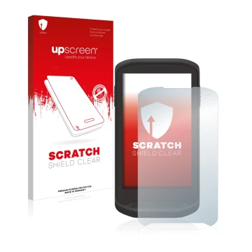 Parte frontal de un envase de producto con el logotipo de la marca upscreen. Al lado se muestra el dispositivo Zebra TC20 Touc