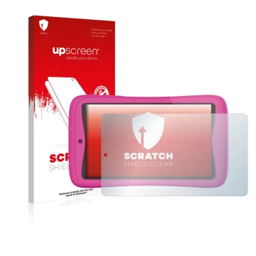 Parte frontal de un envase de producto con el logotipo de la marca upscreen. Al lado se muestra el dispositivo Kurio Connect 7