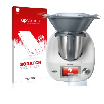 Parte frontal de un envase de producto con el logotipo de la marca upscreen. Al lado se muestra el dispositivo Vorwerk Bimby T