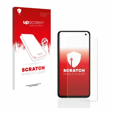 Parte frontal de un envase de producto con el logotipo de la marca upscreen. Al lado se muestra el dispositivo Samsung Galaxy 