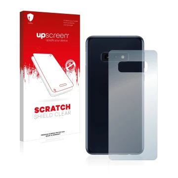 Parte frontal de un envase de producto con el logotipo de la marca upscreen. Al lado se muestra el dispositivo Samsung Galaxy 