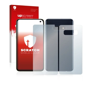 Parte frontal de un envase de producto con el logotipo de la marca upscreen. Al lado se muestra el dispositivo Samsung Galaxy 