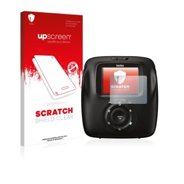 Parte frontal de un envase de producto con el logotipo de la marca upscreen. Al lado se muestra el dispositivo Fujifilm Instax