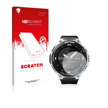 Parte frontal de un envase de producto con el logotipo de la marca upscreen. Al lado se muestra el dispositivo Casio Pro Trek 