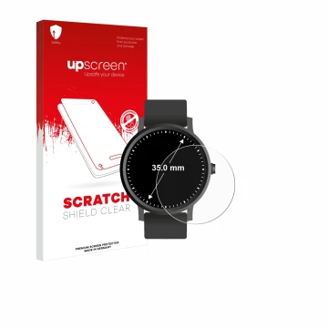Parte frontal de un envase de producto con el logotipo de la marca upscreen. Al lado se muestra el dispositivo Circular Displa