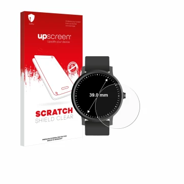 Parte frontal de un envase de producto con el logotipo de la marca upscreen. Al lado se muestra el dispositivo Circular Displa