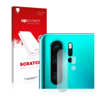Parte frontal de un envase de producto con el logotipo de la marca upscreen. Al lado se muestra el dispositivo Huawei P30 Pro 