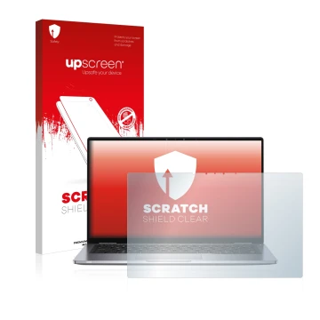 Parte frontal de un envase de producto con el logotipo de la marca upscreen. Al lado se muestra el dispositivo Dell Latitude 7