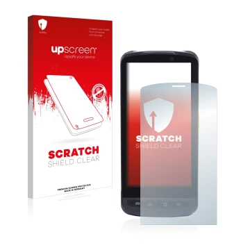 Parte frontal de un envase de producto con el logotipo de la marca upscreen. Al lado se muestra el dispositivo Newland MT90 Or