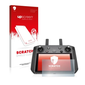 Parte frontal de un envase de producto con el logotipo de la marca upscreen. Al lado se muestra el dispositivo DJI Smart Contr