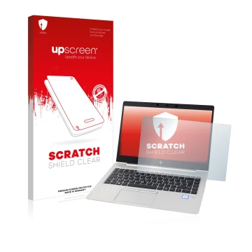 Parte frontal de un envase de producto con el logotipo de la marca upscreen. Al lado se muestra el dispositivo HP EliteBook 83