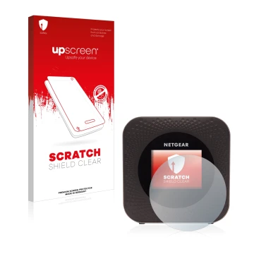 Parte frontal de un envase de producto con el logotipo de la marca upscreen. Al lado se muestra el dispositivo Netgear Nightha