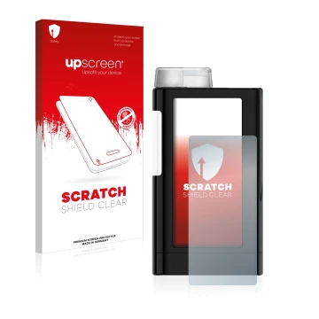 Parte frontal de un envase de producto con el logotipo de la marca upscreen. Al lado se muestra el dispositivo Mylife YpsoPump