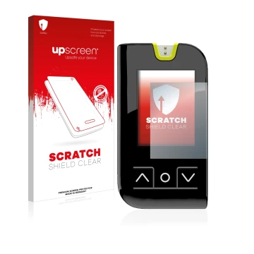 Parte frontal de un envase de producto con el logotipo de la marca upscreen. Al lado se muestra el dispositivo Mylife Unio Nev