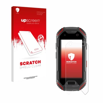 Parte frontal de un envase de producto con el logotipo de la marca upscreen. Al lado se muestra el dispositivo Unihertz Atom c