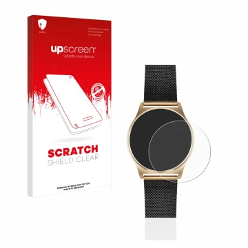 Parte frontal de un envase de producto con el logotipo de la marca upscreen. Al lado se muestra el dispositivo Xlyne X-Watch J