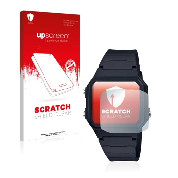 Parte frontal de un envase de producto con el logotipo de la marca upscreen. Al lado se muestra el dispositivo Casio Unisex A1