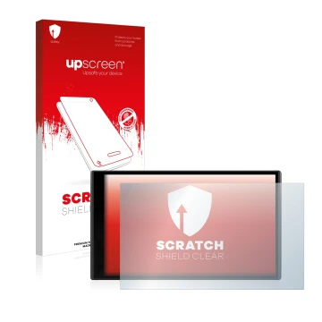 Parte frontal de un envase de producto con el logotipo de la marca upscreen. Al lado se muestra el dispositivo Garmin DriveSma