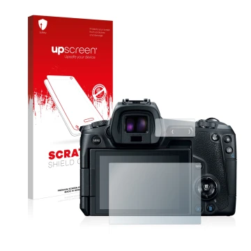 Parte frontal de un envase de producto con el logotipo de la marca upscreen. Al lado se muestra el dispositivo Canon EOS R con