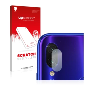 Parte frontal de un envase de producto con el logotipo de la marca upscreen. Al lado se muestra el dispositivo Xiaomi Redmi No