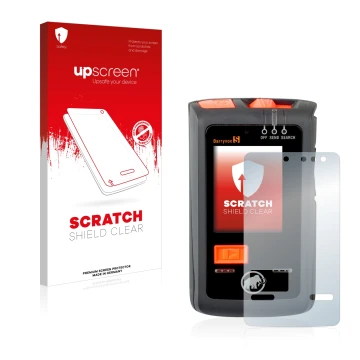 Parte frontal de un envase de producto con el logotipo de la marca upscreen. Al lado se muestra el dispositivo Mammut Barryvox