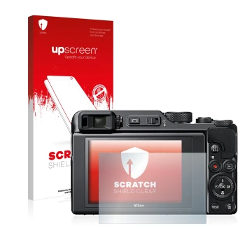 Parte frontal de un envase de producto con el logotipo de la marca upscreen. Al lado se muestra el dispositivo Nikon Coolpix A